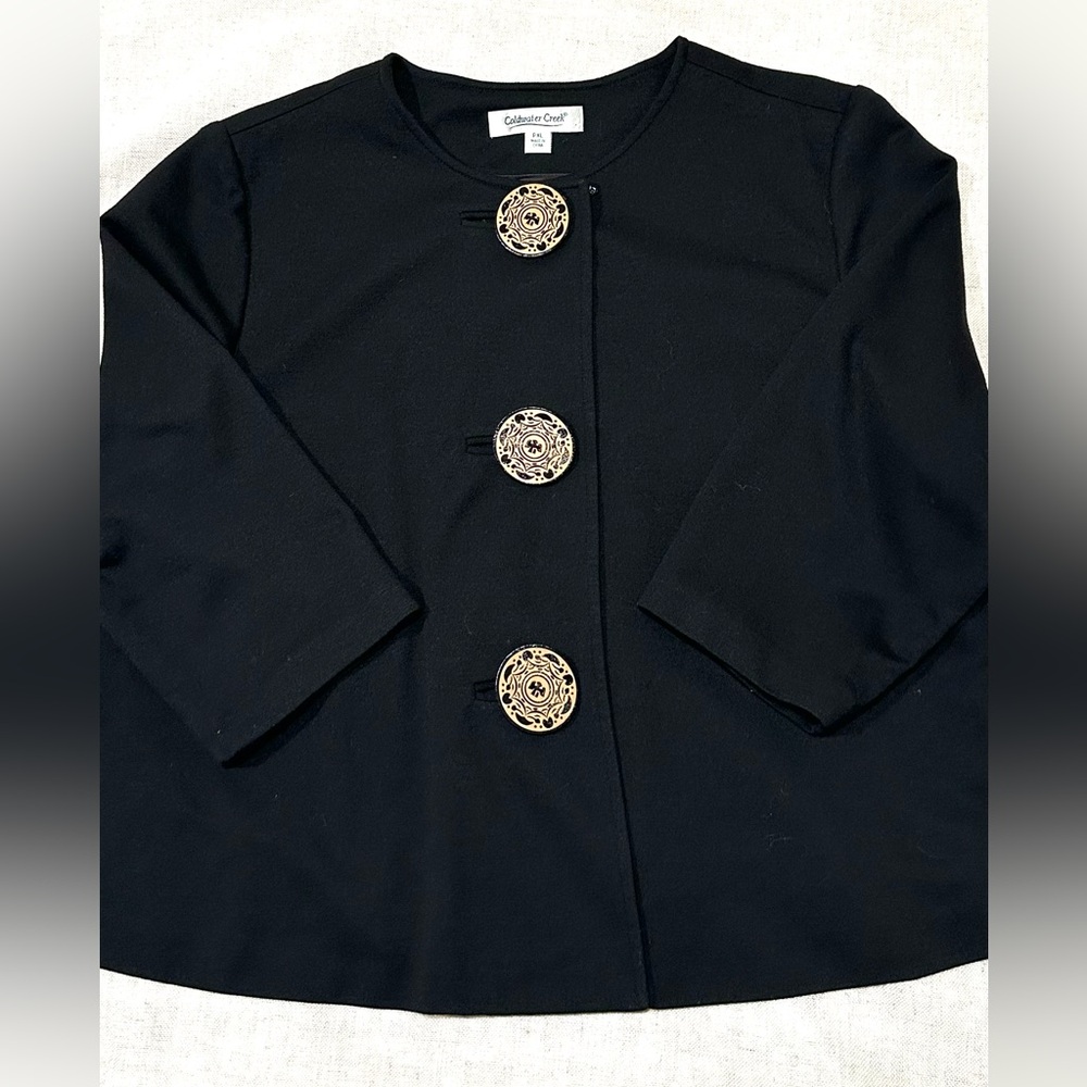 Coldwater Creek Black Jacket Swing Smock Blazer Carved Wood Buttons - Picture 3 of 5